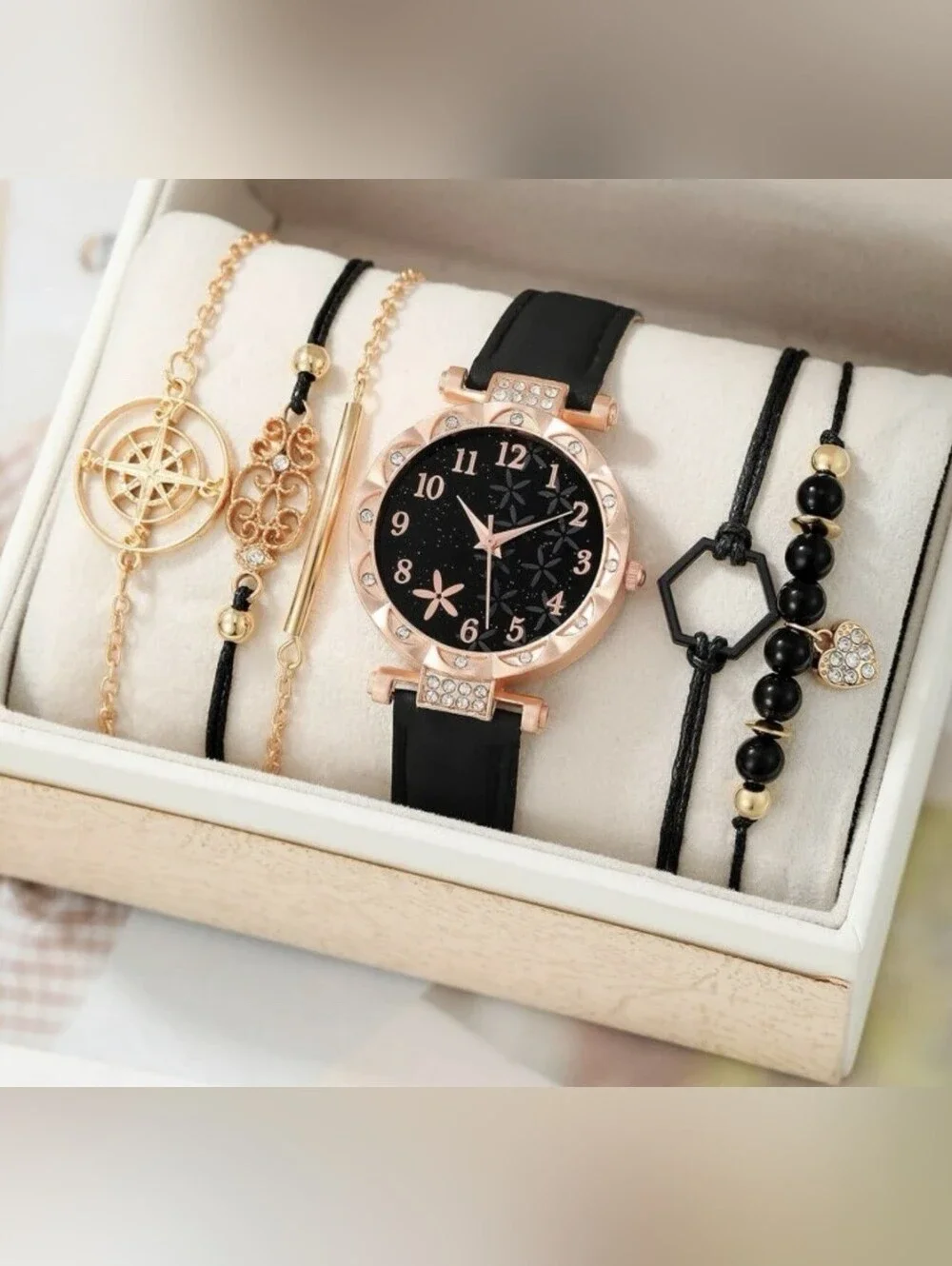 Black and Rose Gold Women's Watch and Bracelet Set